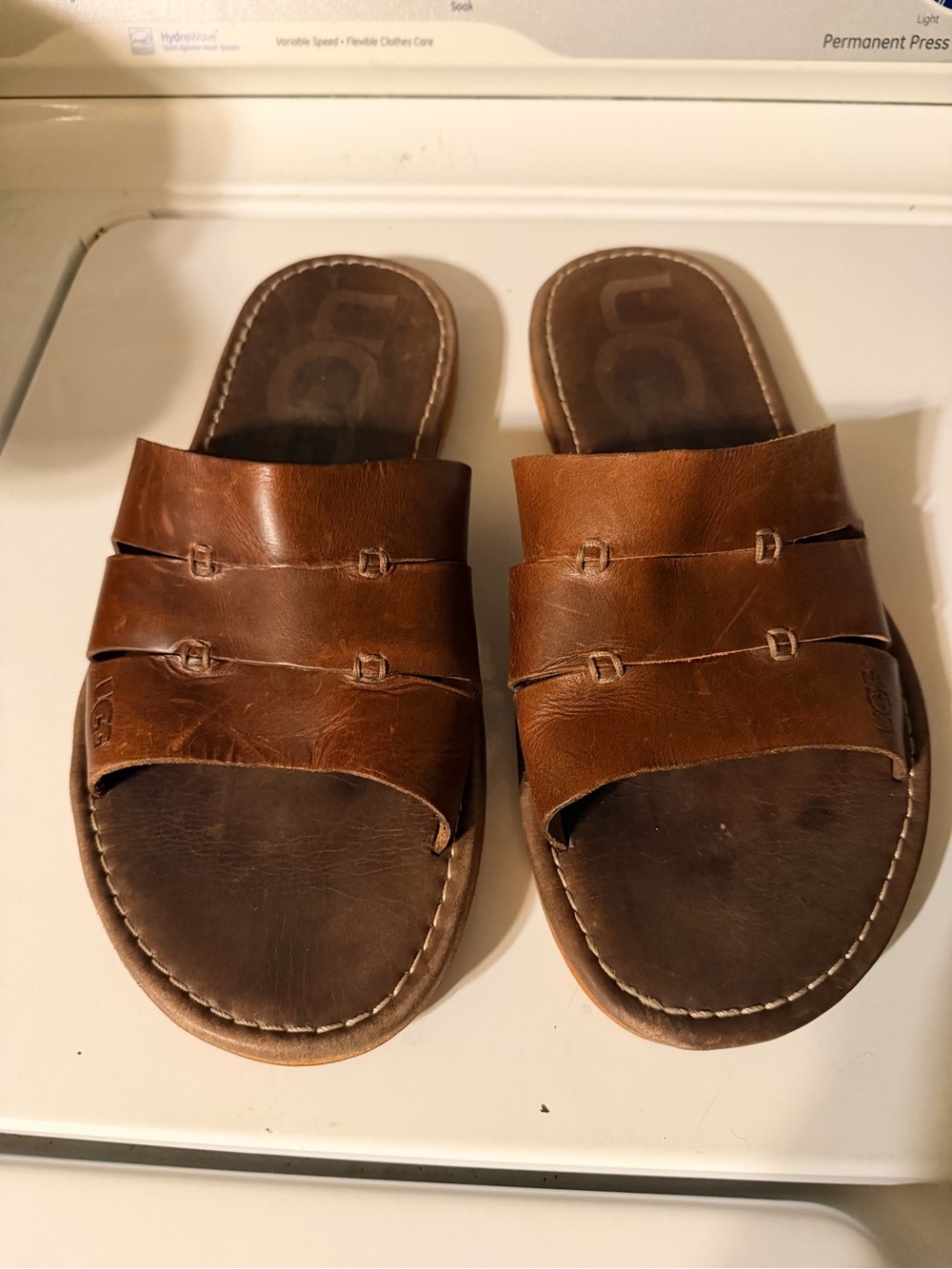 UGG Men’s Brown Leather Slide Sandals Comfort Casual Slip On Slides Size 12